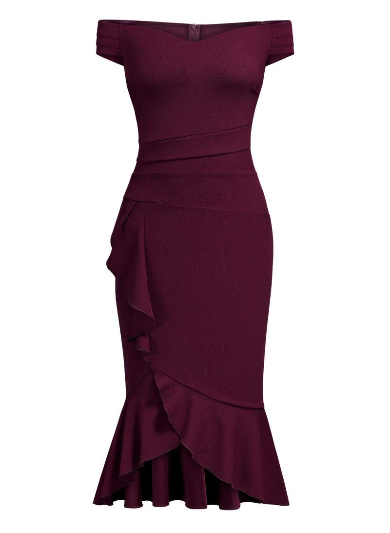 Knitee Women's Off Shoulder V-Neck Ruffle Pleat Waist Bodycon Evening Cocktail Slit Formal Dress (A-Burgundy, X-Large, x_l) - Image 5